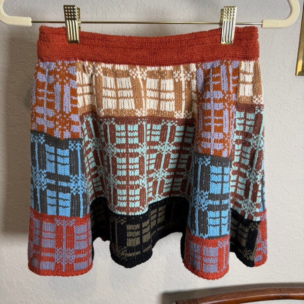 Free People Copper Rust Combo Plaid Knit Mini Skirt OB2357131 Womens Size S NEW